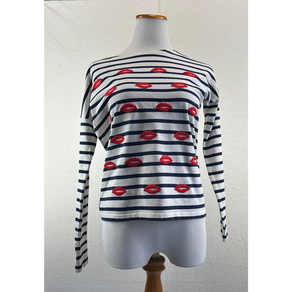 J. Crew Navy & White Stripe Cotton Long Sleeve Tee w/ Embroidered Red Lips SZ XS